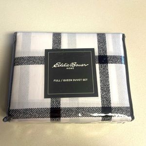 New Eddie Bauer Hole Queen Duvet Set Color Black/White Plaid 100% Cotton